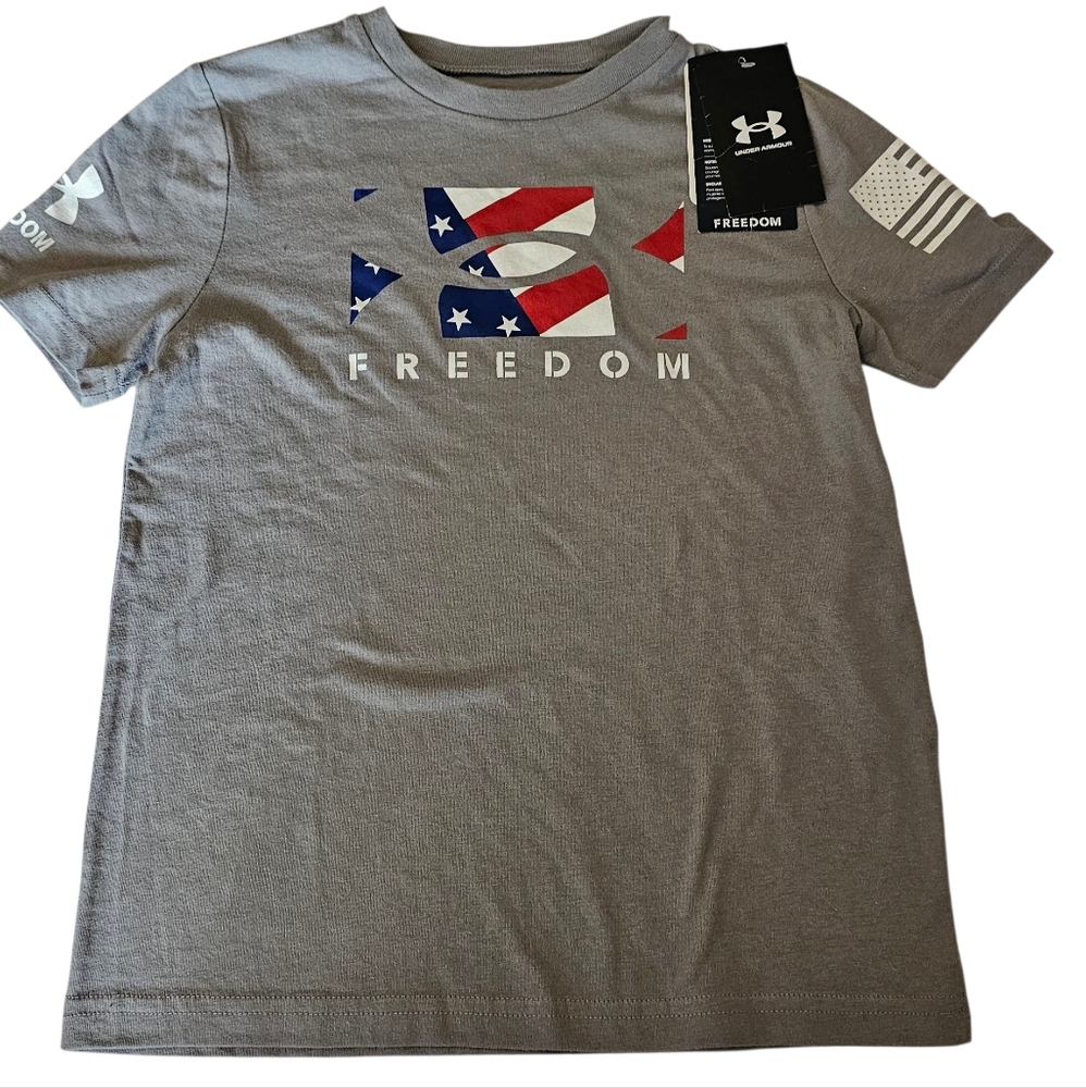 Under Armour Shirt UA Freedom Tee T-Shirt Gray Red White Blue Patriotic Size YSM